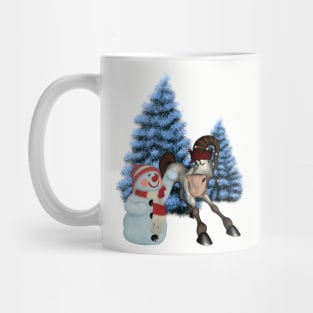 Christmas, funny cartoon horse with snowman Mug